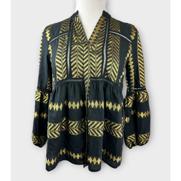 Kasia Blouse Black & Gold Balloon Sleeve Boho Geometric Babydoll Top Size Small - Picture 13 of 13